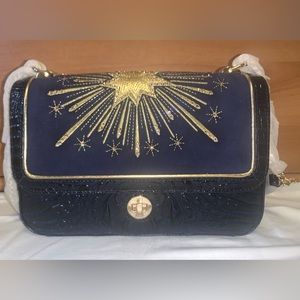 NWT BRAHMIN Limited Ed Revel Rosalie Ink Blue & Gold w Crystals Convertible Bag